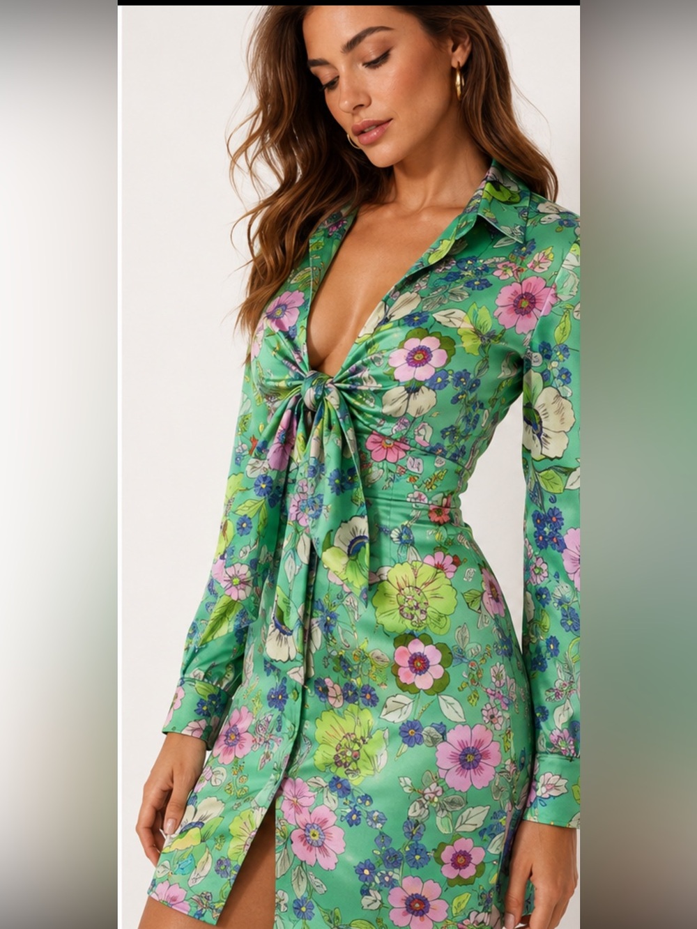 NWT Zara Satin Floral Tie Front Mini Dress Green Size M - Picture 2 of 14